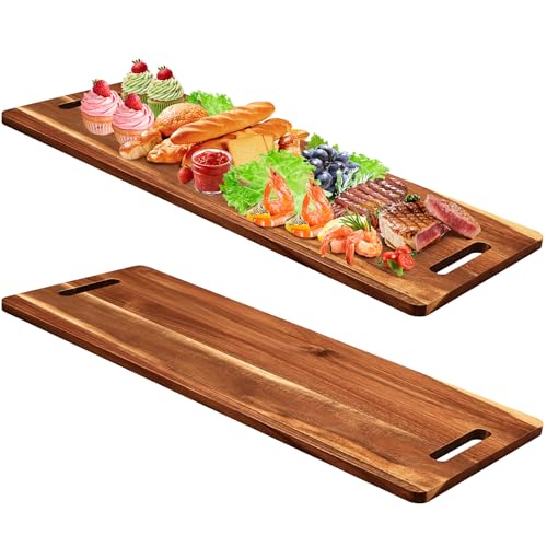 2 Pcs Acacia Wooden Charcuterie Boards Acacia Serving Board with Handle Rectangular Hollow Handle Wood Tray Wooden Serving Platter Wood Server for Cheese Food(30 x 12 Inch) - size: 30 x 12 Inch