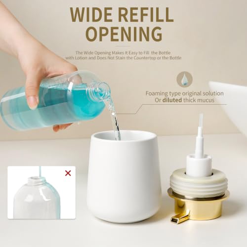 Bosilunlife 12Oz Ceramic Foam Soap Dispenser for Bathroom Kitchen Counter | Premium countertop foam pump creates delicate dense foam, stable desktop placement, Matte White with Gold - color: White&gold