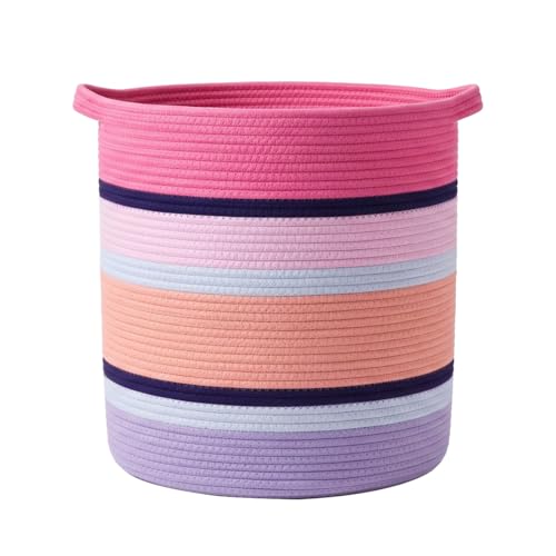 Pink Large Blanket Basket with Handles, 56 L Woven Rope Toy Basket, Foldable Storage Bin for Blankets, Toys & Laundry, stuffy storage for Bedroom & Playroom&Living room (15.7"D * 17.7"H) - size: 15.7"D * 17.7"H