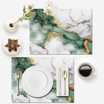 Mcalk Green Marble Table Runner and Placemats Set of 6, Marble Print Placemats, Modern Cloth Place Mats Indoor for Kitchen,Washable Linen Material for Dining Table - color: 02green