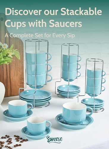 Sweese 2.5 Ounce Porcelain Stackable Espresso Cups with Saucers and Metal Stand Set of 4, Turquoise - color: Turquoise, size: 2.5 Ounces