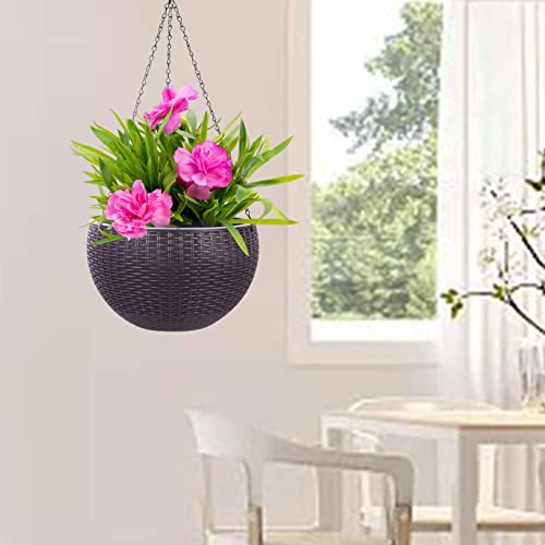 Vencer 11 Inch Round Resin Rattan Hanging Planters,Coffee,VF-A15-C | Self Watering,Drain Hole,Metal Chain,Water Indicator,Indoor Outdoor - color: Coffee