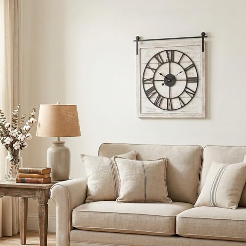 24 Inch Large Rustic Wall Clock, Farmhouse Square Wood Frame with Black Metal Barn Door Style Hanging Rod, Silent Non-Ticking Quartz Movement, for Living Room, Fireplace, or Dining Room - color: Beige