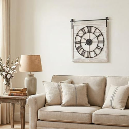 24 Inch Large Rustic Wall Clock, Farmhouse Square Wood Frame with Black Metal Barn Door Style Hanging Rod, Silent Non-Ticking Quartz Movement, for Living Room, Fireplace, or Dining Room - color: Beige