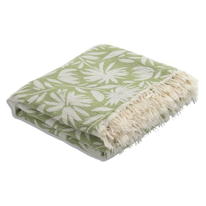 Flower Organic Cotton Turkish Throw Blanket, Muslin - Olive | Thin, Soft, Lightweight, Breathable Gauze Weave, Green and White Reversible Floral Print, for Sofa, Chair, Couch, 65" x 65" - color: Olive Whimsy