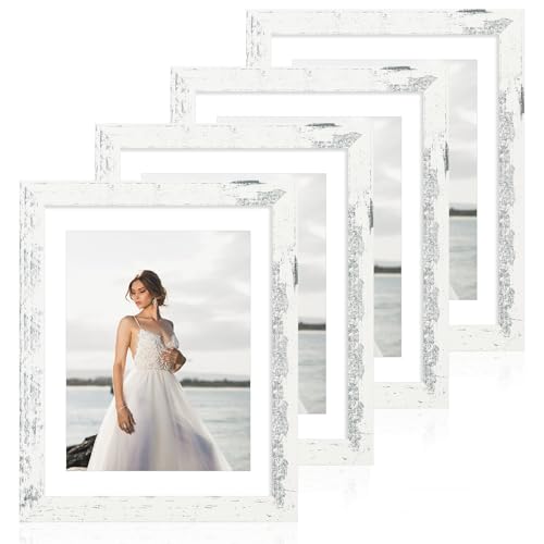 iRahmen 10x12 Picture Frame with Mat 8x10 - High Definition Real Glass Wooden Photo Frames for Tabletop Display and Wall Mounting (Distressed White, Set of 4) - color: Distressed White, size: 10X12