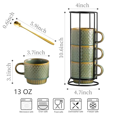 LYEOBOH Coffee Mug, Coffee Mugs Set of 4, Stackable Coffee Mugs with Rack and Spoons - 13 Oz Cup Set with Stand, Ceramic Mugs for Home & Kitchen, Blue and Green - color: Blue and Green