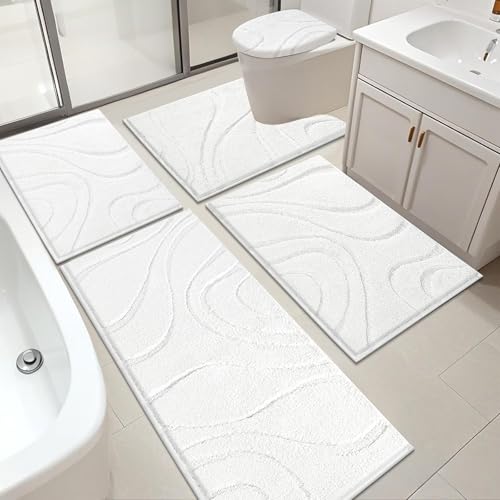 HEBE Bathroom Rugs Sets 5 Piece, Non Slip Washable Absorbent Bath Mat Set | Super Soft Plush Microfiber Bathroom Mats with Runner Set, Solid Bathmat with U-Shaped Toilet Rug Cover Set for Tub, Shower - color: White, size: 18"x26"+20"x32"+20"x48"+U20"x24"+