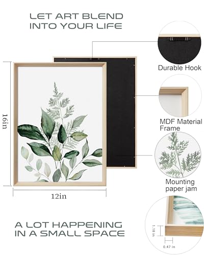 UPWOIGH Olive Leaf Framed Botanical Wall Art, 12 x 16 Inch, Set of 3 | Watercolor Fern, Olive and Eucalyptus Leaf Prints, Soft Green Tones, Light Wood Frames for Bedroom, Office and Gallery Wall - color: Olive Leaf Green MDF