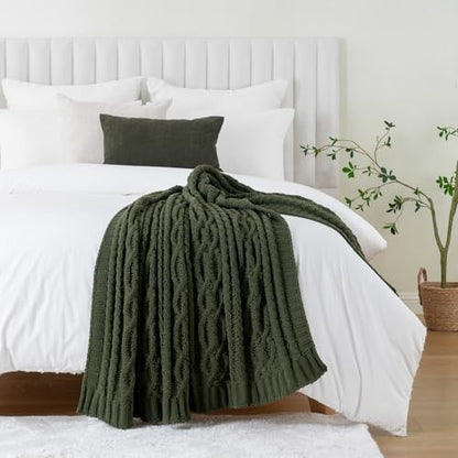 Battilo Olive Green Throw Blanket for Couch, Chunky Cable Knit Blanket, Woven Soft Cozy Chenille Throw Blanket for Bed, Sofa, Chair, Living Room, 51"x67" - color: Olive Green