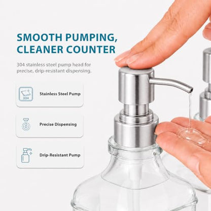 Clear Glass Soap Dispenser Set: Modunful 2 Pack 16.9oz Countertop Soap Dispenser with Bamboo Tray, Silicone Funnel & 60 Waterproof Stickers - for Kitchen Bathroom - color: Dm2647-silver