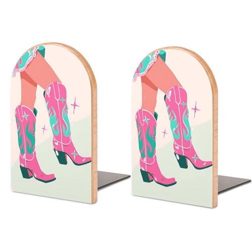 Pink Cowboy Boots Wooden Bookends Shelves 2 PCS Retro Vintage Western Sturdy Book Holders Desktop Organizer for Home Office Libraries - color: Color-5