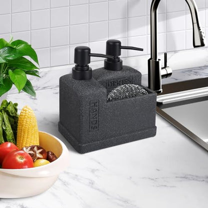 Kitchen Hand Soap and Dish Soap Dispenser Set,Dual Soap Dispenser with Sponge Holder 3-in-1 Organizer for Kitchen Sink,Bathroom,Useful Kitchen Gadgets - Black - color: 3 in 1 - Black