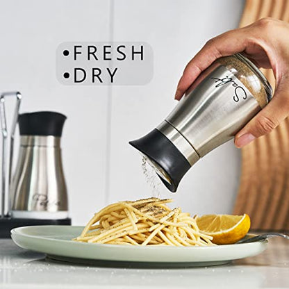 Lonffery Salt and Pepper Shakers Set | Stainless Steel Salt Containers with Glass Bottle for Table, RV, Camp, BBQ, Set of 2 - color: Black