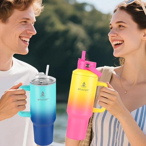 40 oz Tumbler with Handle and Straw or Convert to 40 oz Insulated Water Bottle Fits in Cup Holder. Stainless Steel Metal Water Flask with 2 Lids for Travel,Camping,Gym Sports Coffee Mug Thermal Cup - color: Green Blue Gradient