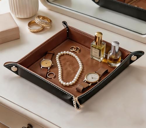 Valet Tray Desktop Storage Organizer – Vegan Leather Catchall Tray Bedside Vanity Tray Nightstand Caddy Holder for Remote Controller, Watch, Keys, Phone, Wallet, Coin, Jewelry, Brown - color: Brown