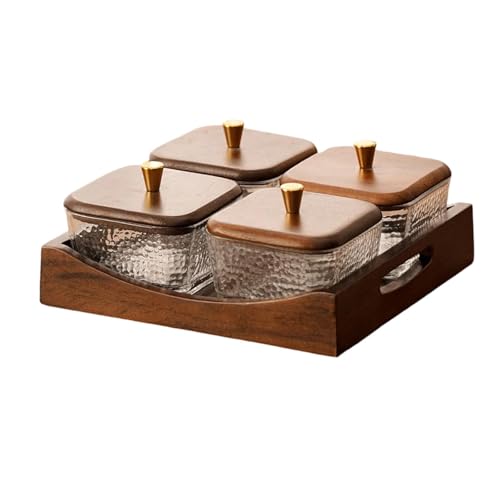 Divided Serving Tray with Lid, Made of Glass and Wood, Snack Bowl with Compartments for Fruit, Nuts, and Sweets. and Practical for Kitchen, of, 4 Compartment Square - size: 4 Compartment Square
