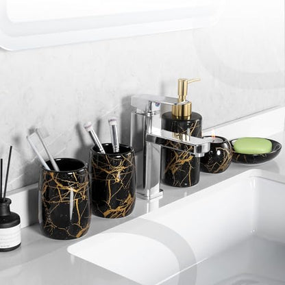 Ceramic Bathroom Accessory Set, 5-Piece Bathroom Accessory Set, Soap Dish, Toothbrush Holder, Soap Dispenser, Bathroom Tumbler & Candle Holder - Modern Bathroom Organizer, (Black & Gold) - color: Black and Gold