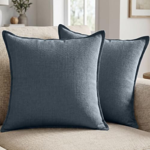 Cotton Linen Throw Pillow Covers 18x18 Inch Blue Set of 2 | Breathable Decorative Cushion Cases with Invisible Zipper - for Boho Farmhouse Decor in Living Room Sofa Couch Bed and Patio - color: Blue, size: 18" x 18" (Pack of 2)