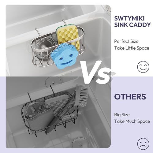 SWTYMIKI Sponge Holder for Kitchen Sink - Movable Sink Caddy with Smiley Face Sponge Holder, Rustproof Hanging Sponge Organizer in Double Bowl Sinks Depth>3.15in, Middle Divider<1.5in, Sand Nickel - color: Sand Nickel-smiley Sponge Holder