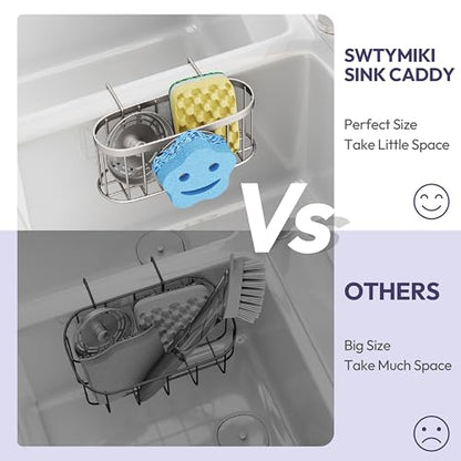 SWTYMIKI Sponge Holder for Kitchen Sink - Movable Sink Caddy with Smiley Face Sponge Holder, Rustproof Hanging Sponge Organizer in Double Bowl Sinks Depth>3.15in, Middle Divider<1.5in, Sand Nickel - color: Sand Nickel-smiley Sponge Holder