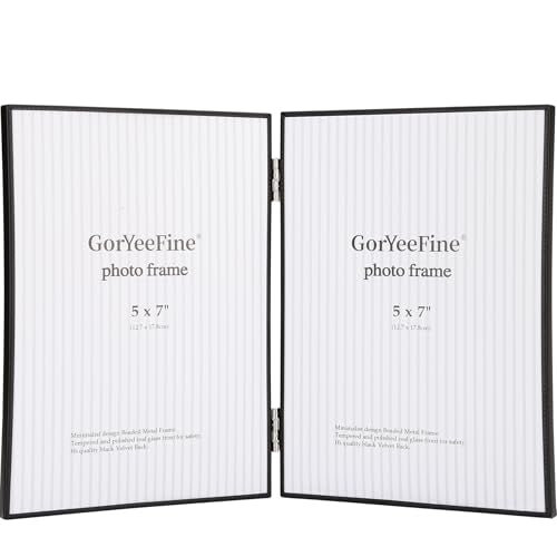 5x7'' Double Black Metal Picture Frame with High-Definition Tempered Glass - Thin Edge with Beading,Minimalist Design with Velvet Back,Tabletop & Wall Mount - color: Black, size: 5x7''(Double)