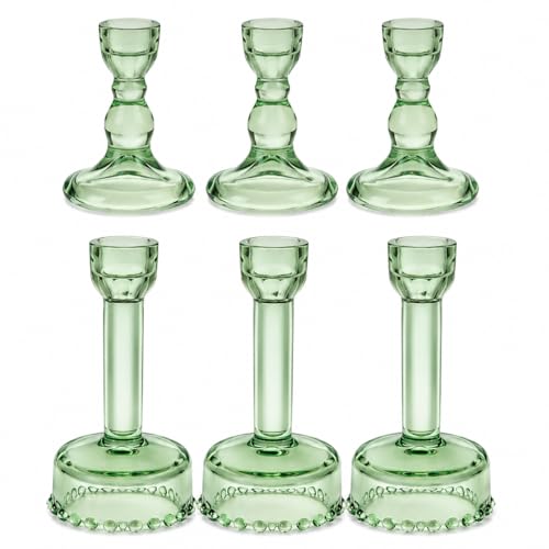Lanttu 6 Pcs Green Glass Candlestick Holders Taper Candle Holder Bulk | Crystal Candle Holders for Wedding, Table Centerpiece, Home Decoration - color: Green