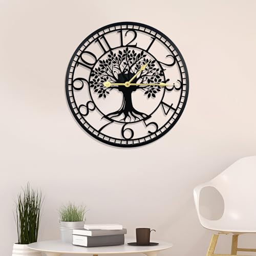 Big Wall Clock - Wall Clocks for Living Room Decor, Quiet and No Ticking Suitable for Wall Decor, Living Room Decoration, Kitchen Decoration - color: Black Tree of Life Straight Border, size: 24in