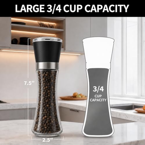 Premium Salt and Pepper Grinder Set of 2, 6 oz Refillable Glass Salt and Pepper Shakers with Adjustable Ceramic Grinder, Manual Pepper Mill Set Includes Funnel & Cleaning Brush, ransparent Lid - color: Black, size: 2.5"W x 7.5"H