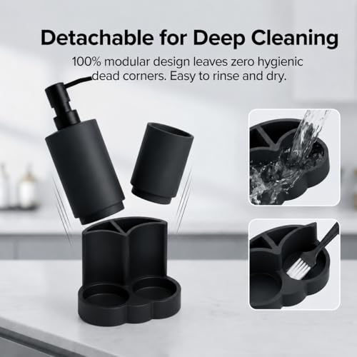 Black Resin Bathroom Accessories Set, Removable, 3 Piece Easy-to-Clean | Soap Dispenser, Toothbrush Holder, Tumbler & Countertop Organizer,Bathroom Accessory Set for Home, Apartment & Guest Bathroom
