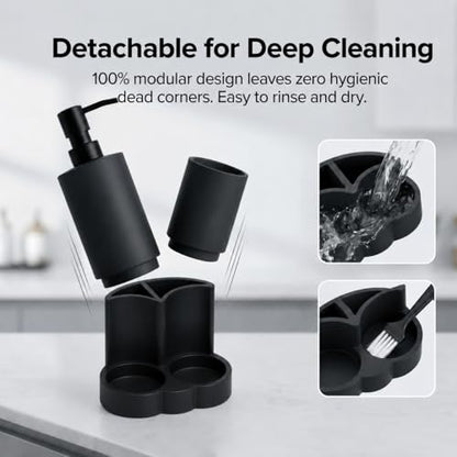 Black Resin Bathroom Accessories Set, Removable, 3 Piece Easy-to-Clean | Soap Dispenser, Toothbrush Holder, Tumbler & Countertop Organizer,Bathroom Accessory Set for Home, Apartment & Guest Bathroom