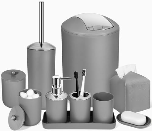Grey Bathroom Accessories Set, 10Pcs Bathroom Accessory Set with Trash Can, Soap Dispenser and Toothbrush Holder, Soap Dish, Cotton Ball & Qtip Holder, Toilet Brush Holder, Tissue Box Cover - color: Grey, size: 10Pcs Bathroom Set