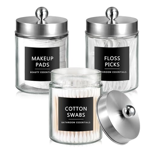 SheeChung 3 Pack Glass Qtip Holder with Brushed Nickel Stainless Steel Lids | Apothecary Jars with Stickers, Countertop Canister Guest Bathroom Storage Organizer Set for Cotton Swabs/Balls, Floss Picks - color: Nickel, size: 3 pack