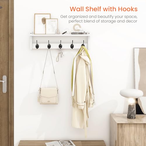Coat Rack with Shelf Wall Mount, 24 Inch Long Wall Shelf with Hooks Underneath, Wood Hanging Coat Hanger with Hat Shelves for Entryway, Bathroom, Mudroom, White - color: White, size: 24 Inch Long