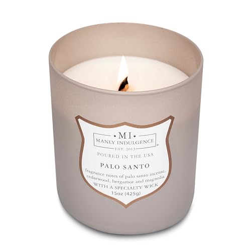 Manly Indulgence Palo Santo Scented Candles for Men, 15 oz Wooden Wick, Premium Soy Blend Wax, 60H Burn, Candles for Home Scented - Made in The USA - color: Palo Santo