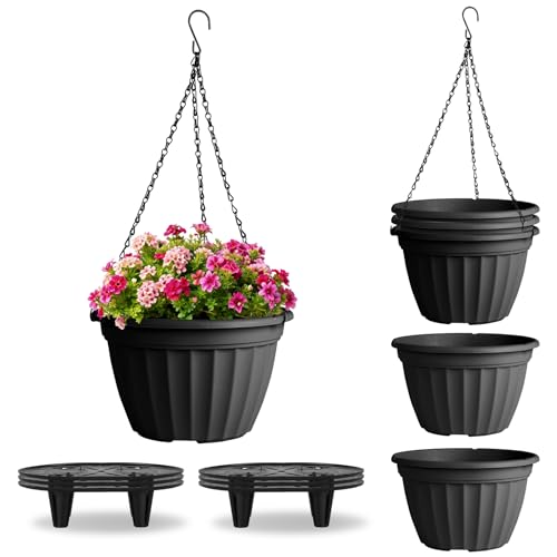 FGstyle 6 Pack 10 Inch Hanging Planters,Hanging Baskets for Plants Outdoor | Self Watering Plastic Hanging Flower Pots with Soil Elevator and 20" Chain for Home Garden Porch Balcony Patio Decor(Black) - color: Black, size: 10 inch-6 pack