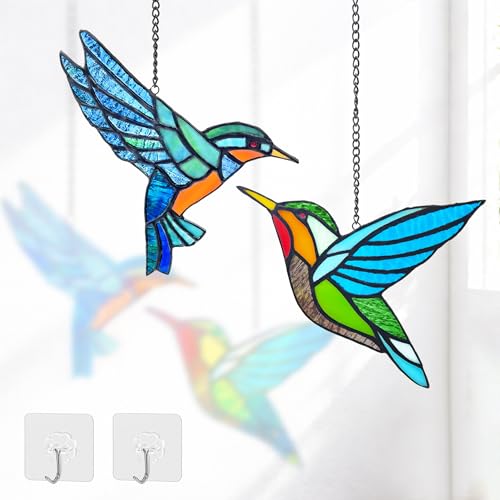 2 Packs Hummingbird Stained Glass Window,Real Handmade Stained Glass Window Hanging,Hummingbird Ornament,Suncatchers Decor for Women Mom Grandma Bird Lovers - color: Green Bird
