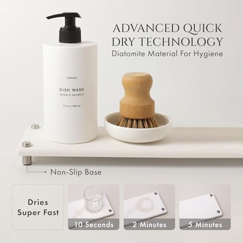 FINESSY White Bathroom and Kitchen Soap Dispenser Set with Tray and Brush | BPA Free Plastic Hand Soap Dispenser Set Of 2 Bottles, 500ml Each With Brush & Ceremic Holder on A Marble-Look Resin Tray - color: Minimalist White