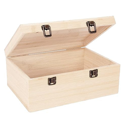 Unfinished Wooden Box 12x9x5 Inch Natural Wood Storage Box | Large Craft Stash Boxes, Hinged Lid Front Clasp Case, DIY Keepsake Art Hobbies Jewelry Organizer, Plain Memory Trunk