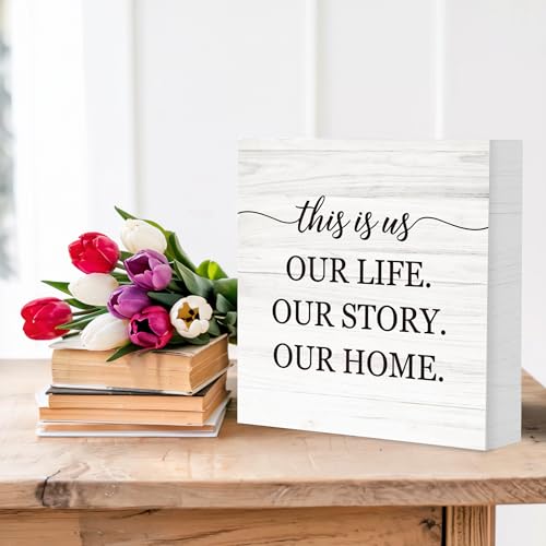 This Is Us Our Life Our Story Our Home Wooden Box Sign Decor, Family Signs for Living Room Entryway, Welcome Plaques for Desk Table Wall, Housewarming Gifts for New Home, 5x5 Inch