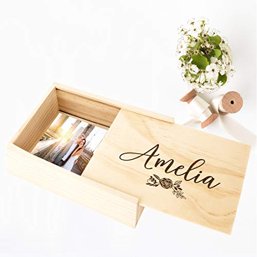 Koyal Wholesale Custom Engraved Floral Rose Wedding Keepsake Box, 4 x 6 -inch, Custom Name, Natural Wood - color: Floral Rose
