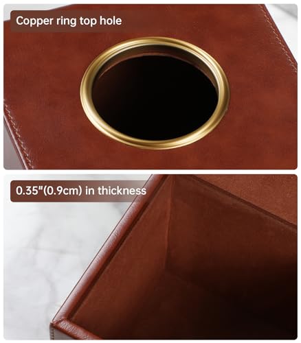 Square Tissue Box Cover with Magnetic Closure, Brown | Luxury PU Leather Tissue Holder with Gold Tone Metal Opening, Fits All Standard Cube Tissue Boxes - color: Brown