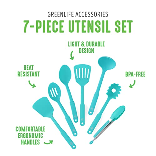 GreenLife Cooking Tools and Utensils, 7 Piece Nylon Set including Spatulas Turner Spoons and Tongs, Dishwasher Safe, Caribbean Blue - color: Caribbean Blue