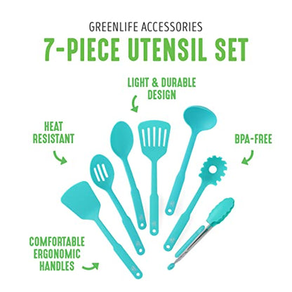 GreenLife Cooking Tools and Utensils, 7 Piece Nylon Set including Spatulas Turner Spoons and Tongs, Dishwasher Safe, Caribbean Blue - color: Caribbean Blue