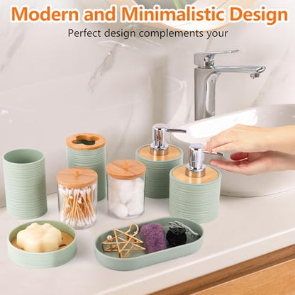 10 PCS Green Bathroom Accessories Set with Trash Can Bathroom Accessory | All-in-One Kit with Trash Can,Toothbrush Holder,Soap Dispenser,Toothbrush Cup,Vanity Tray,Soap Dish,Toilet Brush etc for Home - color: Lightgreen