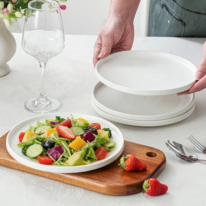 Ceramic Salad & Dessert Plates Set, 8 Inch, Set of 4, Modern White | Stoneware, Dishwasher & Microwave Safe, Small Dinner Plates, For Cake, Fruits, Waffle, Pasta, Salad - color: White, size: Salad Plates Set (4PCS)