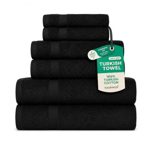 SALBAKOS 100% Turkish Cotton Bathroom Towel Set of 6-Piece, Black | 630 Gsm Thick Super Soft Highly Absorbent 2 Bath + 2 Hand + 2 Washcloth Towels Sets, Giftable, Hotel Quality, Made in Turkey - color: Black, size: 6 Piece Towel Set