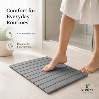 Stone Bath Mat, Quick Dry Foldable Diatomaceous Earth, 24 x 16, Grey | 23.6 x 15.3 in grey stone bath mat with foldable design, anti-slip pad and included sandpaper.