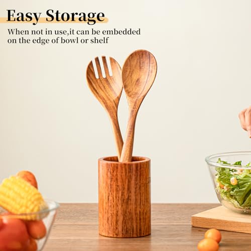 Gudamaye Acacia Wooden Salad Server Set,13 inch Salad Tongs for Serving including Salad Mixing Dinner Fork and Spoon,Long Handle Salad Server Set - color: Acacia