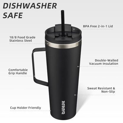 BJPKPK 26oz Insulated Tumbler with Handle, Lid & Straw, Stainless Steel | Double Wall Vacuum Insulated Coffee Travel Mug - Keeps Cold & Hot, BPA Free, Cupholder Fit for Office, Gym & Travel - color: Black, size: 26 Ounces